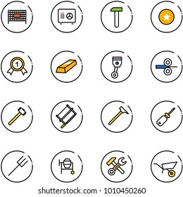 line vector icon set - fenced area vector, safe, work, star medal, gold, piston, steel rolling, sledgehammer, bucksaw, mason hammer, screwdriver, farm fork, cocncrete mixer, wrench, wheelbarrow