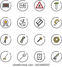 line vector icon set - fenced area vector, safe, Road narrows sign, work, star medal, anchor, bucksaw, clamp, plumber, screw, nut, hoe, farm fork, tool cabinet, gun sealant