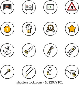 line vector icon set - fenced area vector, safe, Road narrows sign, gold medal, star, anchor, saw, plumber, bolt cutter, screw, metal hacksaw, winch, wheelbarrow