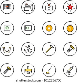 line vector icon set - fenced area vector, passport control, terrorism, christmas star, safe, medal, gold, luck, anchor, mason hammer, bolt, screw, milling cutter, hoe, gun sealant