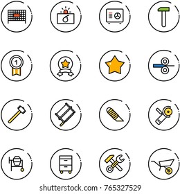 line vector icon set - fenced area vector, terrorism, safe, work, gold medal, star, steel rolling, sledgehammer, bucksaw, knife, Angular grinder, cocncrete mixer, tool cabinet, wrench hammer