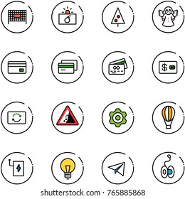 line vector icon set - fenced area vector, terrorism, christmas tree, angel, credit card, exchange, landslide road sign, gear, air balloon, power bank, bulb, paper plane, yoyo