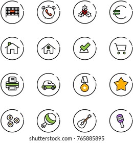 line vector icon set - fenced area vector, phone alarm, holly, euro, home, check, cart, printer, car, star medal, flower, beanbag, guitar