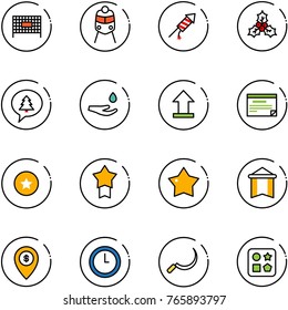 line vector icon set - fenced area vector, train, firework rocket, holly, merry christmas message, drop hand, uplooad, schedule, star medal, pennant, atm map pin, clock, sickle, cube hole toy