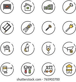 line vector icon set - fenced area vector, home, brick wall, sledgehammer, bucksaw, bolt cutter, screw, wood drill, cocncrete mixer, winch, wheelbarrow, laser lever, shovel fork toy, train
