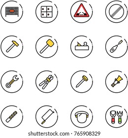 line vector icon set - fenced area vector, baggage room, drawbridge road sign, no limit, hammer, rubber, jointer, chisel, wrench, bolt cutter, nail, dowel, drill, metal hacksaw, protect glass