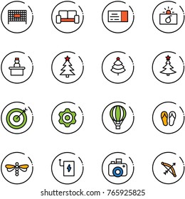 line vector icon set - fenced area vector, vip waiting, ticket, terrorism, recieptionist, christmas tree, target, gear, air balloon, flip flops, dragonfly, power bank, camera, bow