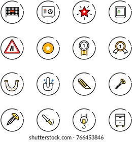 line vector icon set - fenced area vector, safe, christmas star, Road narrows sign, medal, gold, luck, casting of steel, work knife, screw, soldering iron, winch, tool cabinet