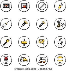 line vector icon set - fenced area vector, baggage room, no limit road sign, wrench, screwdriver, screw, rivet, wood drill, crown, jig saw, welding, pyramid toy, excavator, train, block house