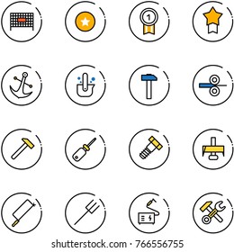 line vector icon set - fenced area vector, star medal, gold, anchor, casting of steel, hammer, rolling, screwdriver, bolt, milling cutter, metal hacksaw, farm fork, welding, wrench