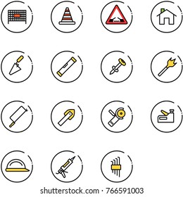 line vector icon set - fenced area vector, road cone, drawbridge sign, home, trowel, level, nail dowel, wood drill, metal hacksaw, tile, Angular grinder, stapler, construction helmet, gun sealant