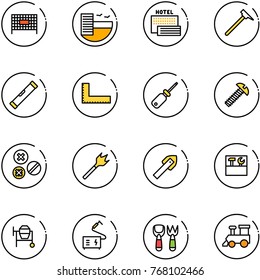 line vector icon set - fenced area vector, hotel, sea, mason hammer, level, corner ruler, screwdriver, screw, rivet, wood drill, tile, tool box, cocncrete mixer, welding, shovel fork toy, train