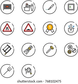 line vector icon set - fenced area vector, passport control, scalpel, safe, Road narrows sign, artificial unevenness, gold medal, casting of steel, bucksaw, bolt cutter, nail, rivet, farm fork
