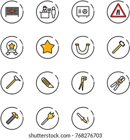 line vector icon set - fenced area vector, passport control, safe, Road narrows sign, star medal, luck, sledgehammer, mason hammer, work knife, plumber, bolt cutter, screw, wood drill