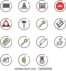 line vector icon set - fenced area vector, road cone, baggage room, no way sign, drawbridge, hammer, sledgehammer, bucksaw, trowel, wood drill, metal hacksaw, welding, stapler, allen key set