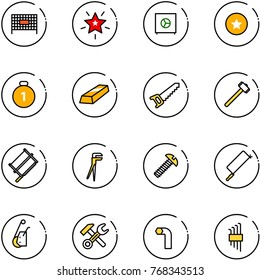 line vector icon set - fenced area vector, christmas star, safe, medal, gold, saw, sledgehammer, bucksaw, plumber, screw, metal hacksaw, winch, wrench hammer, allen key, set