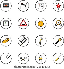 line vector icon set - fenced area vector, passport control, safe, christmas star, artificial unevenness road sign, gold medal, bucksaw, plumber, wood drill, farm fork, pipe welding, allen key set