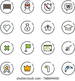 line vector icon set - fenced area vector, train, phone alarm, bow message, heart, money bag, home, graduate hat, delete cross, flag, schedule, key, star medal, crown, allen, boomerang