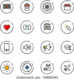 line vector icon set - fenced area vector, trash bin, firework, gift, heart, kidneys, money chest, cursor, phone, volume max, loudspeaker, graduate hat, sun, cd, wi fi router, plane