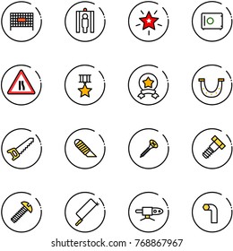 line vector icon set - fenced area vector, metal detector gate, christmas star, safe, Road narrows sign, medal, luck, saw, work knife, screw, bolt, hacksaw, pipe welding, allen key