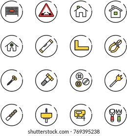 line vector icon set - fenced area vector, drawbridge road sign, home, level, corner ruler, side cutters, screw, bolt, rivet, wood drill, crown, jig saw, shovel fork toy