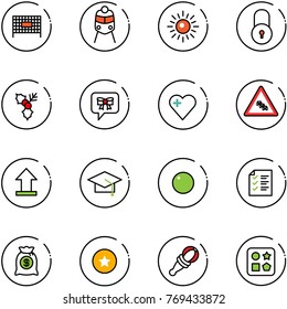 line vector icon set - fenced area vector, train, sun, lock, holly, bow message, heart, multi lane traffic road sign, uplooad, graduate hat, record, list, money bag, star medal, beanbag