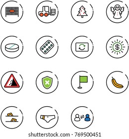 line vector icon set - fenced area vector, fork loader, christmas tree, angel, pill, pills blister, card exchange, dollar sun, landslide road sign, shield cross, flag, banana, flip flops, swimsuit