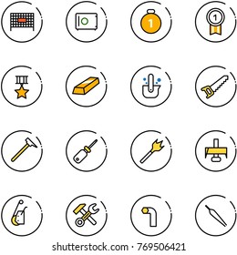 line vector icon set - fenced area vector, safe, gold medal, star, casting of steel, saw, mason hammer, screwdriver, wood drill, milling cutter, winch, wrench, allen key, forceps