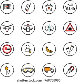 line vector icon set - fenced area vector, suitcase, baby, christmas landscape, deer, angel, kidneys, tunnel road sign, no truck overtake, winner, banana, feet, tulip, protective glasses, toy