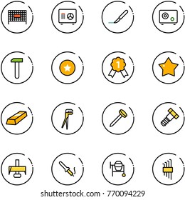 line vector icon set - fenced area vector, safe, scalpel, work, star medal, gold, plumber, nail, bolt, milling cutter, soldering iron, cocncrete mixer, allen key set