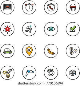 line vector icon set - fenced area vector, alarm clock, phone, shower, christmas star, run, eye, check, car, atm map pin, banana, flower, scissors, boomerang, beanbag, cube toy