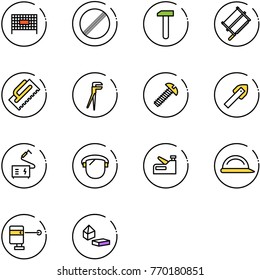 line vector icon set - fenced area vector, no limit road sign, work, bucksaw, trowel, plumber, screw, tile drill, welding, protect glass, stapler, construction helmet, laser lever
