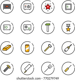 line vector icon set - fenced area vector, safe, christmas star, work, medal, gold, drink, sledgehammer, screwdriver, screw, metal hacksaw, farm fork, awl