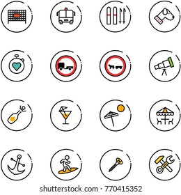 line vector icon set - fenced area vector, airport bus, ski, dog, stopwatch heart, no trailer road sign, cart horse, telescope, fizz opening, drink, beach, outdoor cafe, anchor, surfing, screw