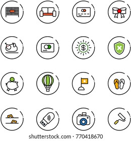 line vector icon set - fenced area vector, vip waiting, credit card, bow, turkey, dollar sun, shield cross, piggy bank, air balloon, flag, flip flops, usb wi fi, camera, paint roller