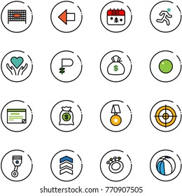 line vector icon set - fenced area vector, left arrow, christmas calendar, run, heart care, ruble, money bag, record, schedule, star medal, target, piston, chevron, beanbag, basketball