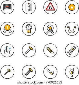 line vector icon set - fenced area vector, metal detector gate, Road narrows sign, star medal, gold, luck, casting of steel, hammer, work knife, bolt cutter, screw, soldering iron, winch