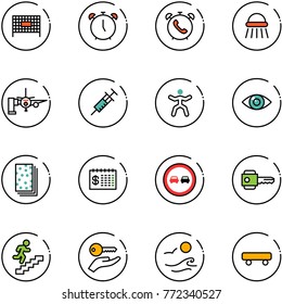 line vector icon set - fenced area vector, alarm clock, phone, shower, boarding passengers, syringe, gymnastics, eye, breads, finance calendar, no overtake road sign, key, career, hand, waves