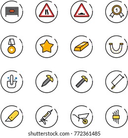 line vector icon set - fenced area vector, Road narrows sign, artificial unevenness, gold medal, star, luck, casting of steel, screw, metal hacksaw, work knife, gun sealant, wheelbarrow