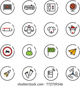 line vector icon set - fenced area vector, airport bus, elevator, globe, sleigh, angel, dog, christmas deer hat, no moto road sign, user, ipo, paper fly, rocket, feet, server wireless, wind mill
