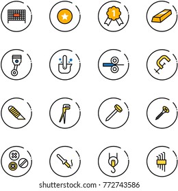 line vector icon set - fenced area vector, star medal, gold, piston, casting of steel, rolling, clamp, work knife, plumber, nail, screw, rivet, soldering iron, winch, allen key set