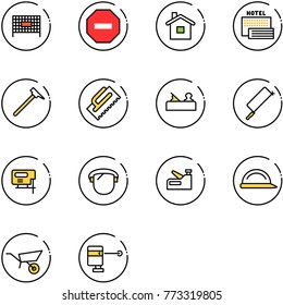 line vector icon set - fenced area vector, no way road sign, home, sea hotel, mason hammer, trowel, jointer, metal hacksaw, jig saw, protect glass, stapler, construction helmet, wheelbarrow