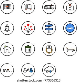 line vector icon set - fenced area vector, baggage, airport bus, terrorism, christmas tree, firework, road signpost sign, home, trash bin, finger ring, lounger, swimming, information exchange