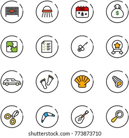 line vector icon set - fenced area vector, shower, christmas calendar, money bag, puzzle, list, key, star medal, limousine, feet, shell, scissors, boomerang, guitar, beanbag