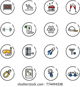 line vector icon set - fenced area vector, arrival, house, wine glasses, barbell, account history, gear, cap, diving, sun panel, rocket, no signal, side cutters, game console, doll, toy car