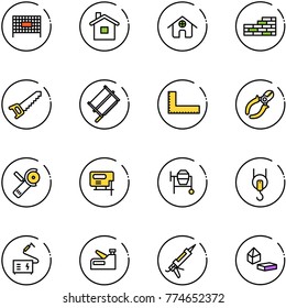 line vector icon set - fenced area vector, home, brick wall, saw, bucksaw, corner ruler, side cutters, Angular grinder, jig, cocncrete mixer, winch, welding, stapler, gun sealant, constructor blocks