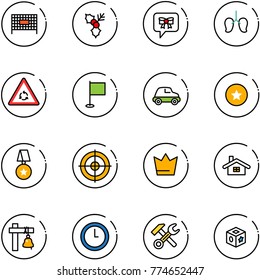 line vector icon set - fenced area vector, holly, bow message, lungs, round motion road sign, flag, car, star medal, target, crown, home, ship bell, clock, wrench hammer, cube toy