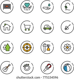 line vector icon set - fenced area vector, heart care, drop hand, pound, home, cart, car, key, arrow up, target, ship bell, flower, guitar, beanbag, basketball