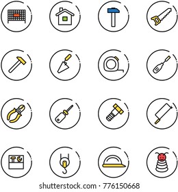 line vector icon set - fenced area vector, home, hammer, saw, trowel, measuring tape, chisel, side cutters, screwdriver, bolt, metal hacksaw, tool box, winch, construction helmet, pyramid toy