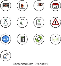 line vector icon set - fenced area vector, male wc, side wind, 31 dec calendar, pear, pound, annual report, intersection road sign, minimal speed limit, calculator, circle chart, presentation
